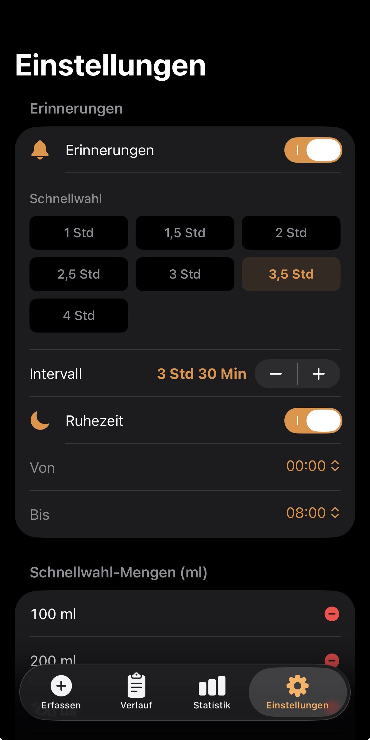 Einstellungen mit Intervallen, Ruhezeiten und Backup-Optionen